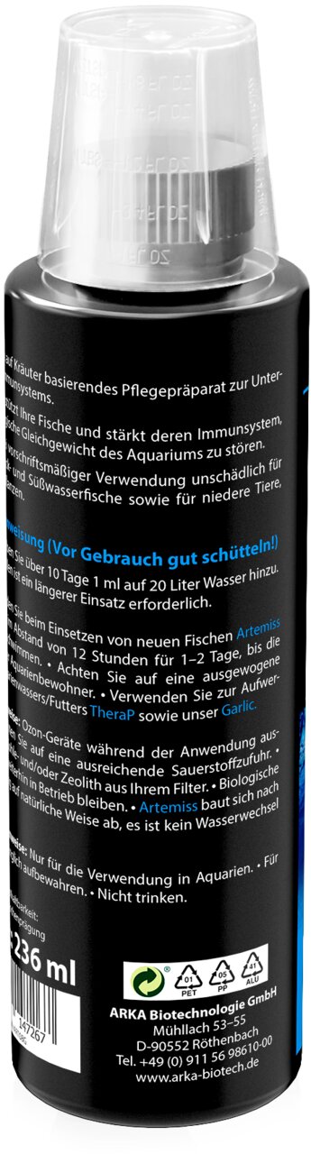 ARKA Artemiss für Zierfische, geschmacksneutral, Pflegepräparat zur Unterstützung des Immunsystems, 236 ml.