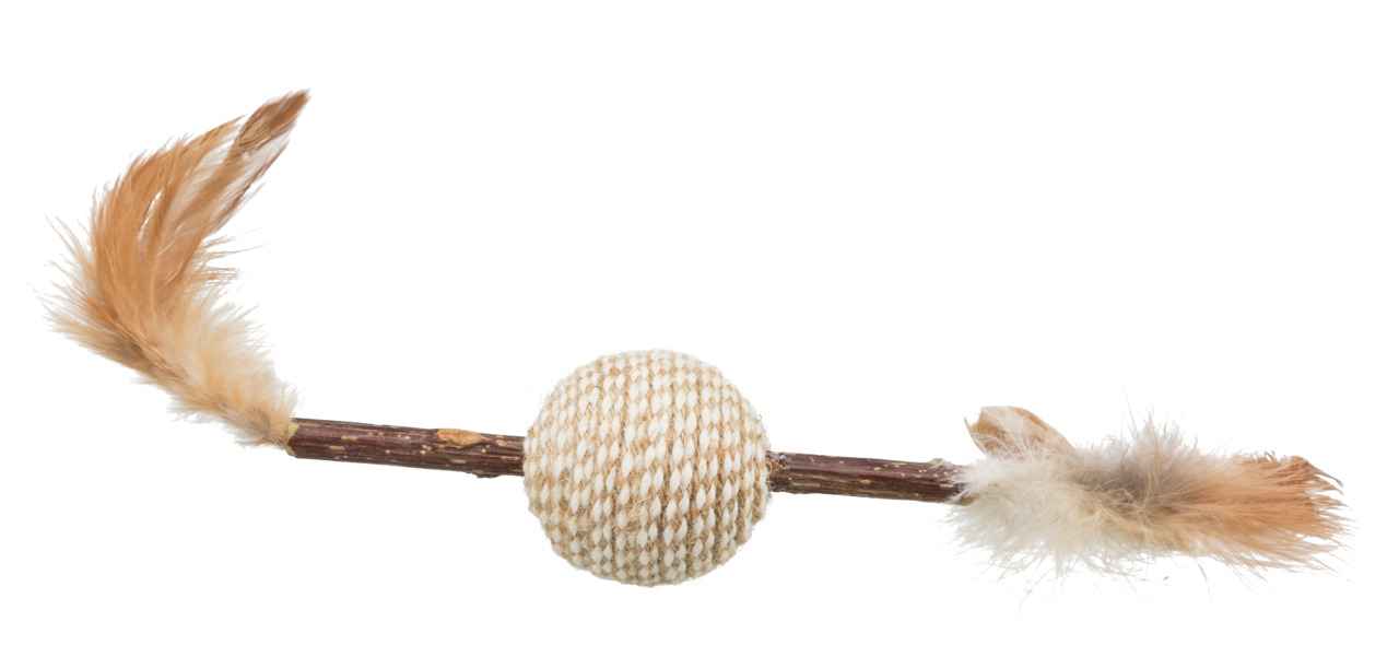 Das Bild zeigt das Katzenspielzeug „TRIXIE Spielzeug mit Catnip“ für Katzen. Es besteht aus einem Sisalball in der Mitte, der an beiden Enden mit Naturfedern und einem robusten Holzstab verbunden ist. Das Spielzeug ist ideal zur Beschäftigung und Förderun