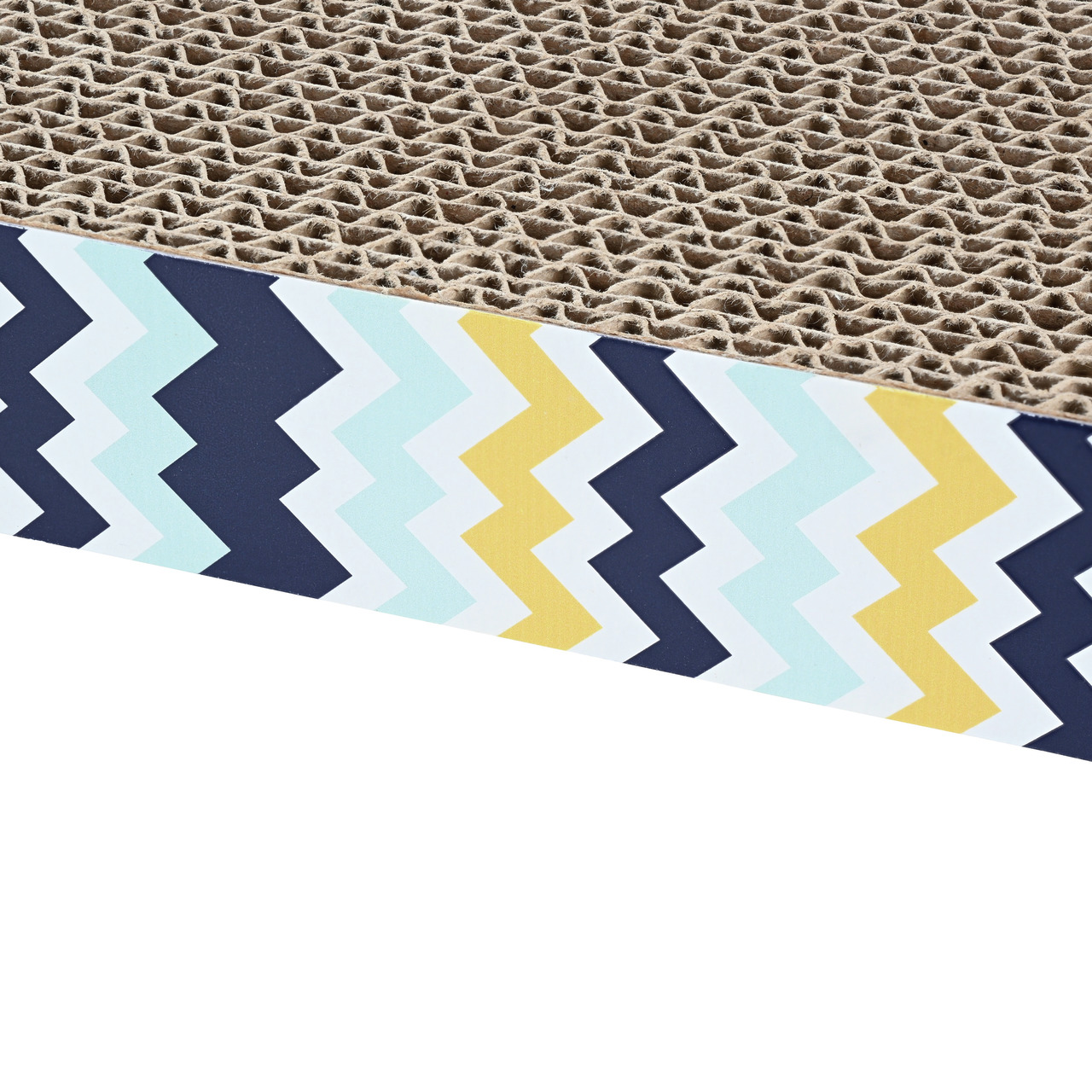 fit+fun Kratzblock für Katzen, robuste Wellpappe, ideal Krallenpflege, Zickzack-Muster Blau/Gelb/Weiß, für alle Altersgruppen.