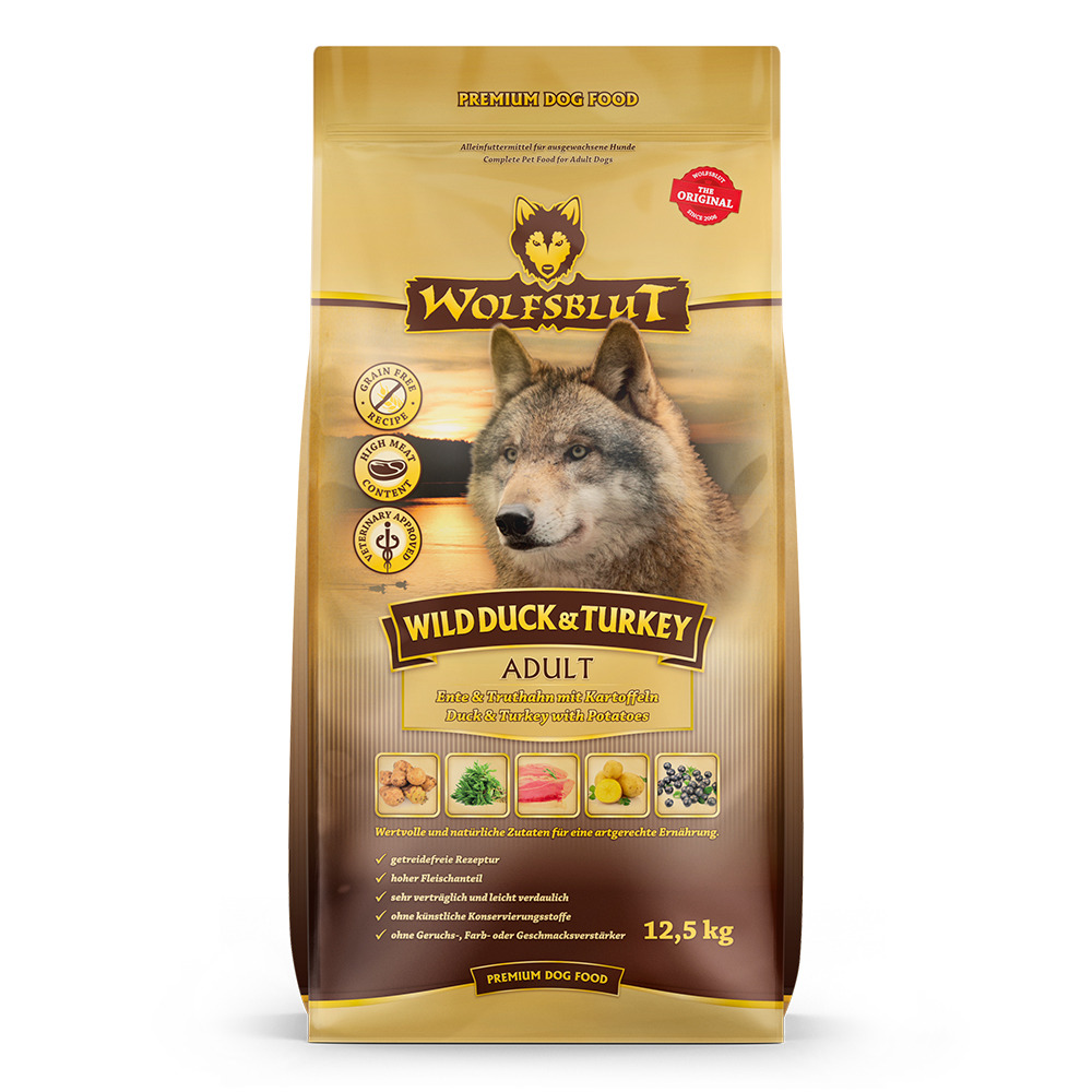 Wolfsblut Wild Duck & Turkey, Adult Hundefutter, 12,5 kg, Ente & Truthahn, getreidefrei, für ausgewachsene Hunde, hohe Verdaulichkeit.