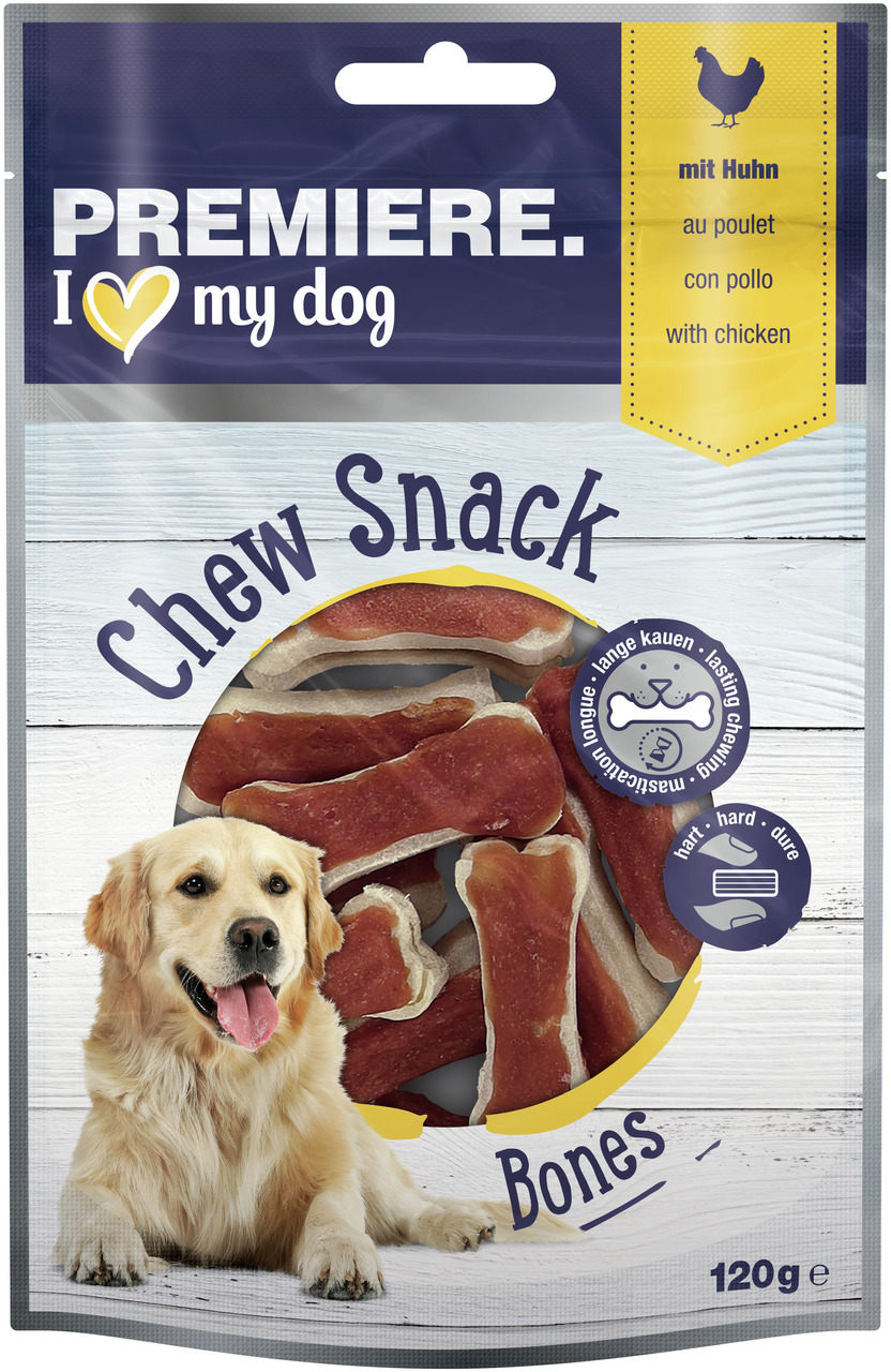 PREMIERE I love my dog Chew Snack Bones, Huhn, 120 g, Kausnack für Hunde, langanhaltender Kauspaß für Hundehalter.
