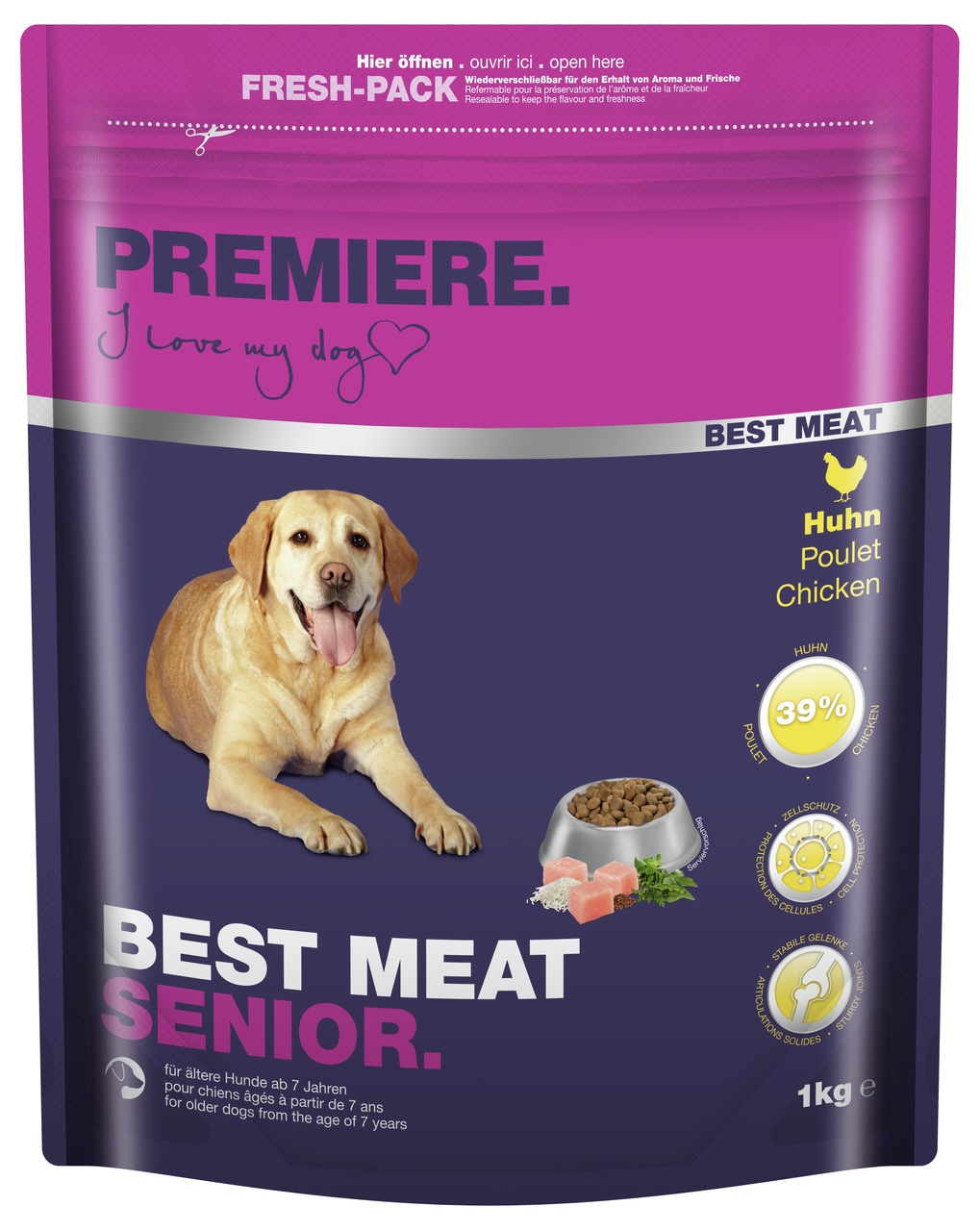 Das Bild zeigt eine violette Verpackung des Hundefutters „PREMIERE Best Meat Senior“ mit Huhn-Geschmack. Es ist speziell für ältere Hunde ab 7 Jahren geeignet. Die Verpackung enthält 1 kg Futter mit 39 % Huhn, Zellschutz und Unterstützung für stabile Gele