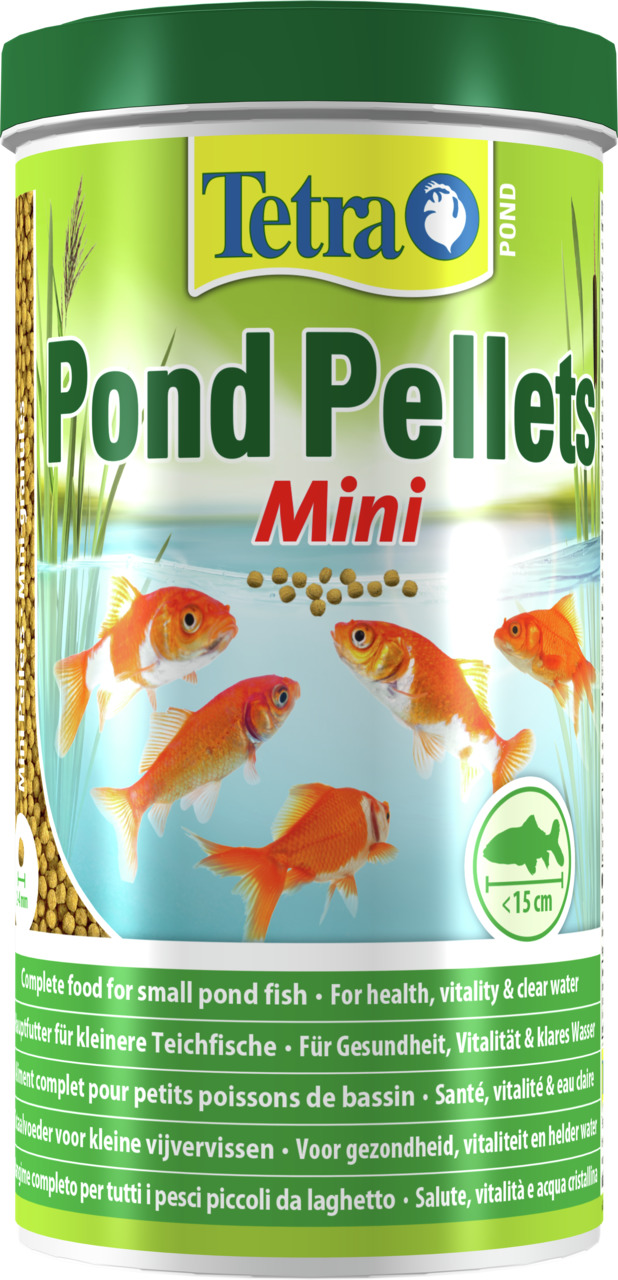 Das Bild zeigt eine grüne Dose des Produkts „Tetra Pond Pellets Mini“, einem Fischfutter für kleine Teichfische unter 15 cm. Die Marke Tetra ist oben auf der Verpackung sichtbar. Das Futter fördert Gesundheit, Vitalität und klares Wasser. Die Menge ist au