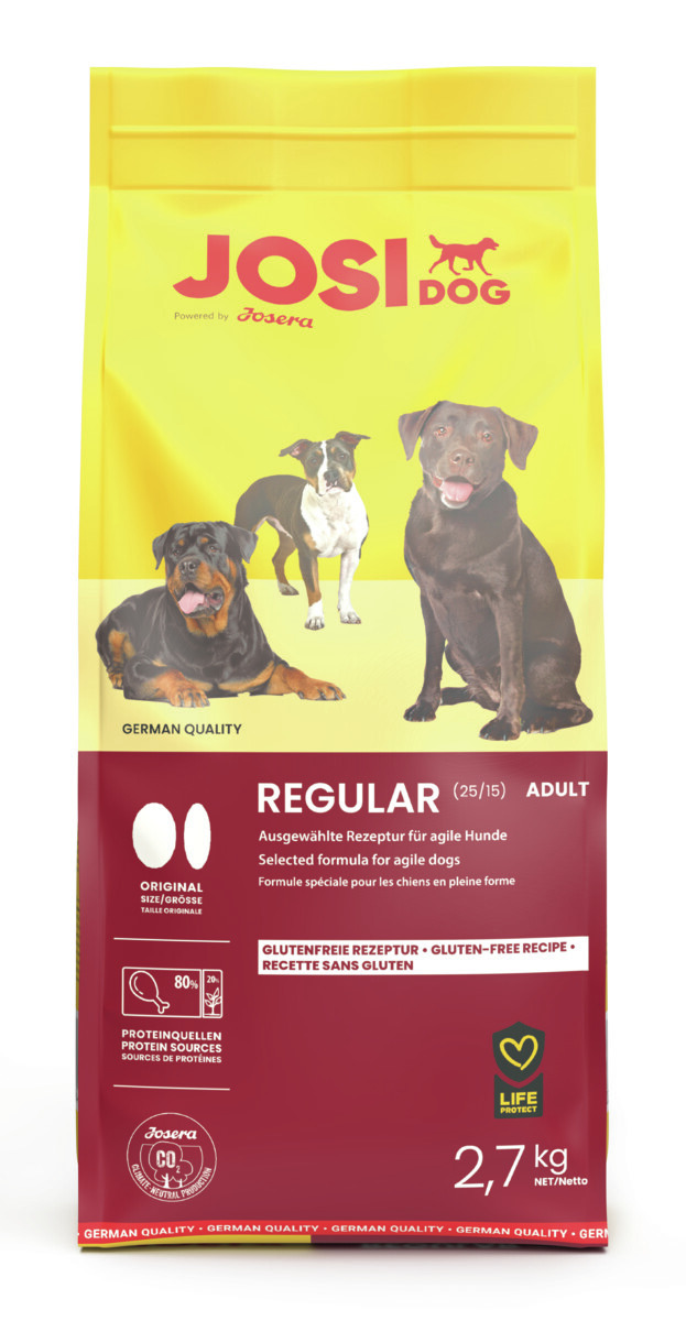 Josera JosiDog Regular (25/15) Adult, für ausgewachsene, agile Hunde, glutenfrei, 2,7 kg, gelbe Verpackung mit 3 Hunden.
