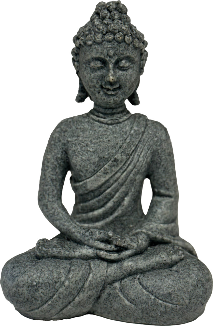 Graue Buddha-Statue aus Stein, Meditationshaltung, natürliche Steinoptik, für ruhige Atmosphäre, geeignet für Innen- & Außenbereiche.
