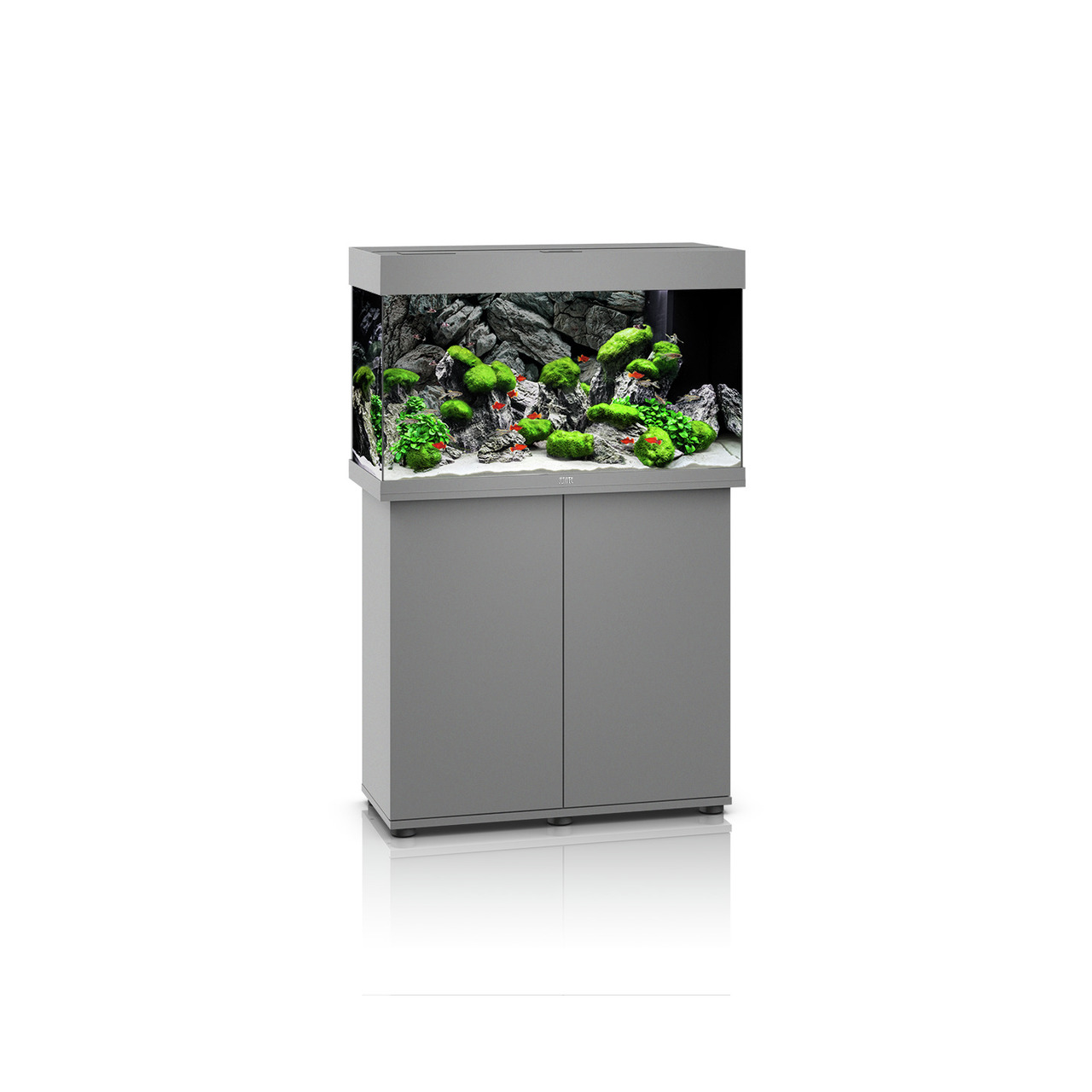 Das Bild zeigt das JUWEL Aquarium-Kombination Rio 125 in Grau, ein hochwertiges Aquarium-Set für Aquaristik-Enthusiasten. Es ist ideal für Süßwasserfische und Pflanzen, mit einem Fassungsvermögen von 125 Litern. Das Aquarium ist auf einem passenden Unters