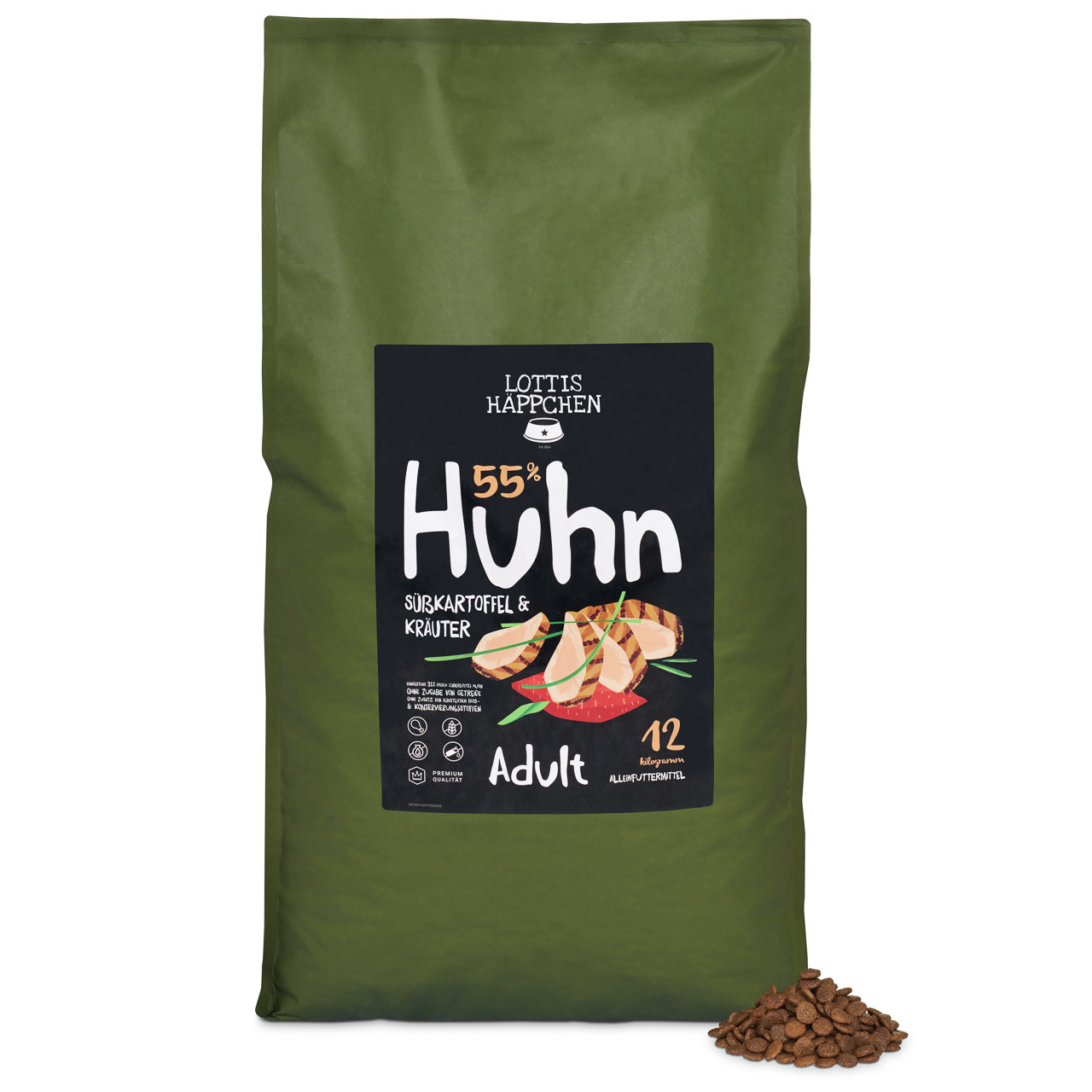 Lottis Häppchen Adult 12 kg, 55 % Huhn, Süßkartoffel & Kräuter, Alleinfutter für Hunde, Trockenfutter.