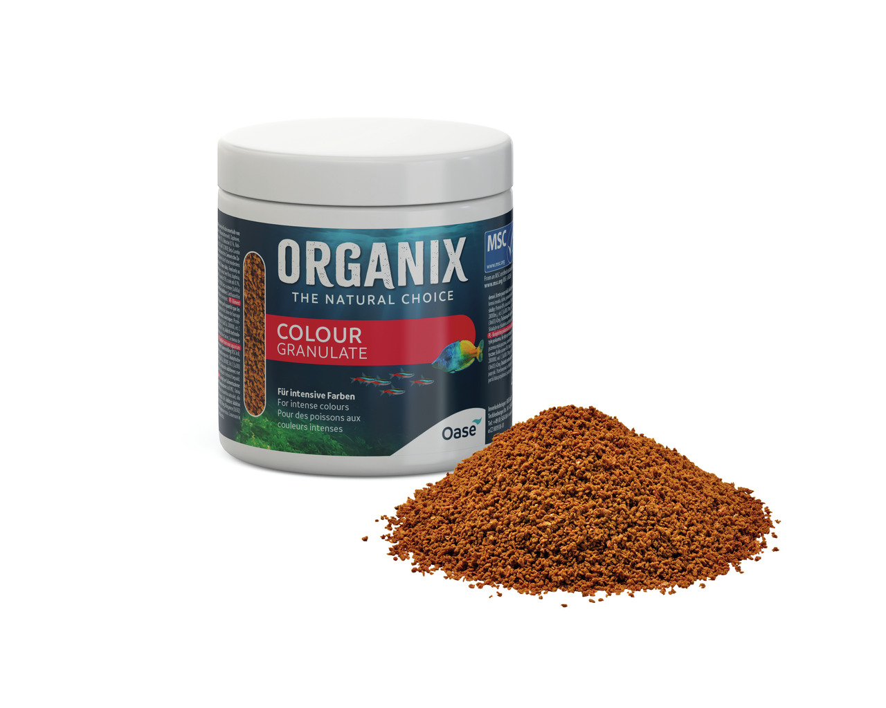 Oase Organix Colour Granulate, Granulatfutter für Zierfische, 250 ml, fördert intensive Farben, modernes Design.