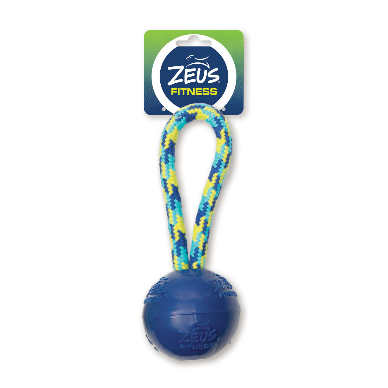ZEUS Fitness Rope Ball: Robustes Hundespielzeug, blauer Gummiball mit bunter Kordel, ideal für aktive Hunde, fördert Bewegung & Zähne.