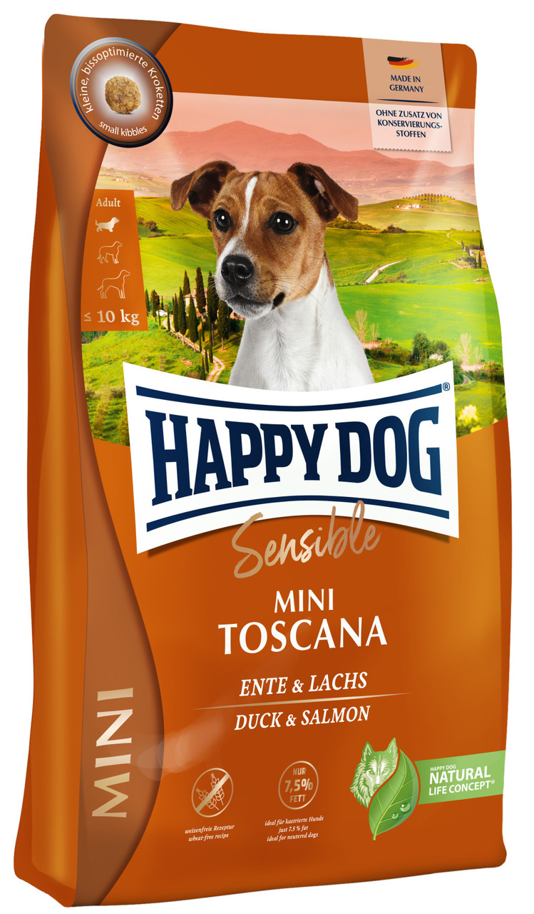 HAPPY DOG Mini Toscana Ente & Lachs 300 Gramm Hundetrockenfutter