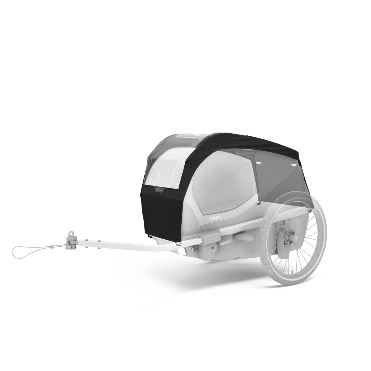 Thule Fahrradanhänger, schwarz, für Kinder, Schutz vor Wind/Regen, robustes Gestell, große Räder, transparente Abdeckung.