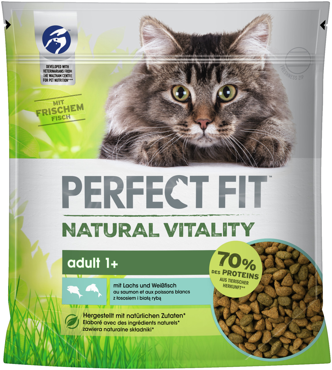 Perfect Fit Natural Vitality Katzenfutter, erwachsene Katzen ab 1 J., Lachs & Weißfisch, 70 % tierische Proteine, natürliche Zutaten.