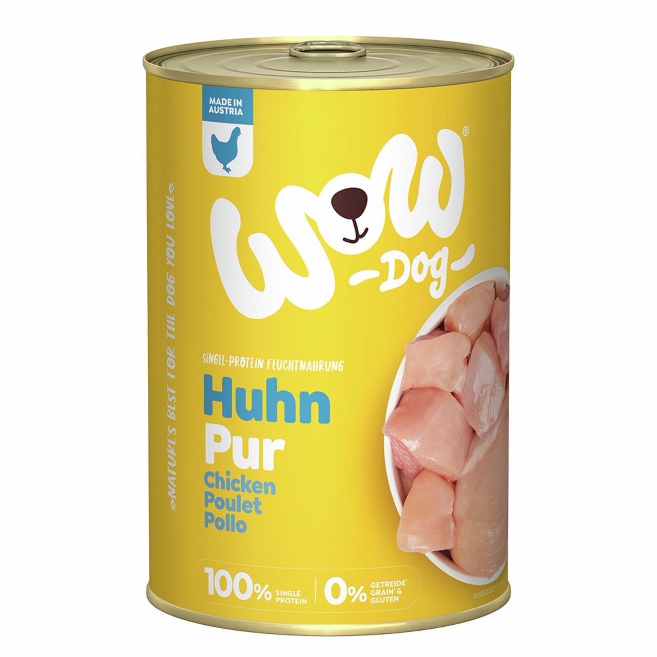 WOW DOG Nassfutter Huhn Pur für Hunde, Single-Protein, getreidefrei, 100% Huhn, 400 g, hergestellt in Österreich.