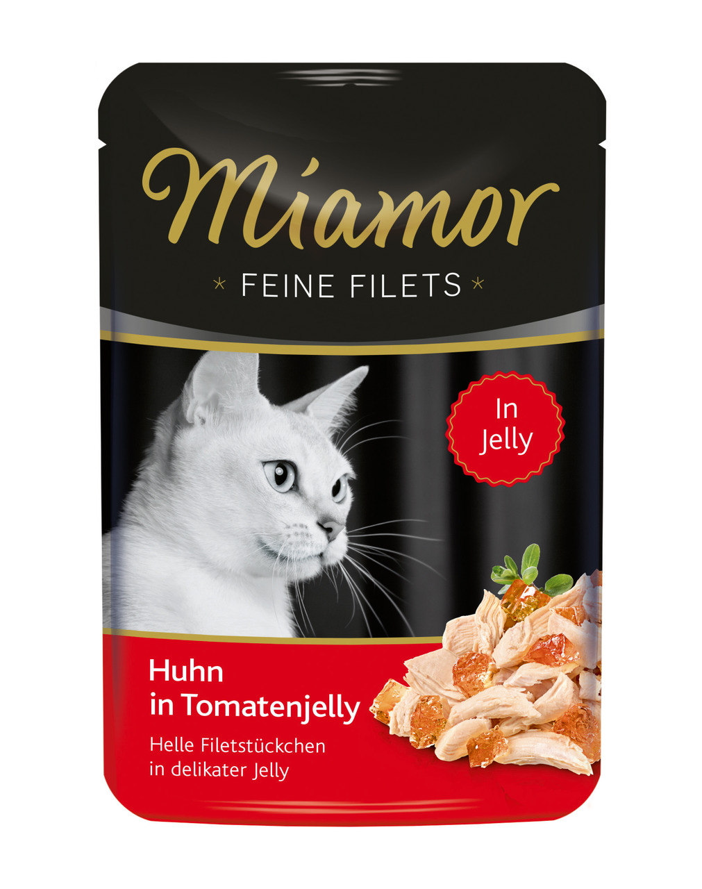 Miamor Feine Filets, Katzenfutter, Huhn in Tomatenjelly, für Katzen, helle Filetstücke in Jelly, ohne Mengenangabe.
