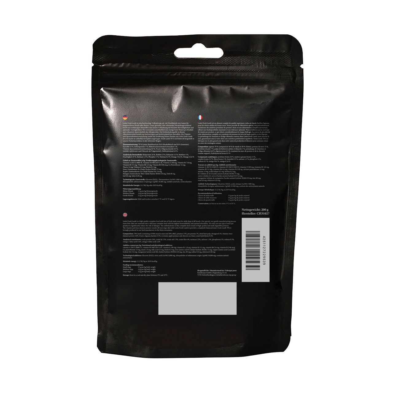 LOTTIS HÄPPCHEN Hundesnack für Hunde, Geschmacksrichtung Lamm, schonend getrocknete Häppchen, 200 g, Rückseite der Packung