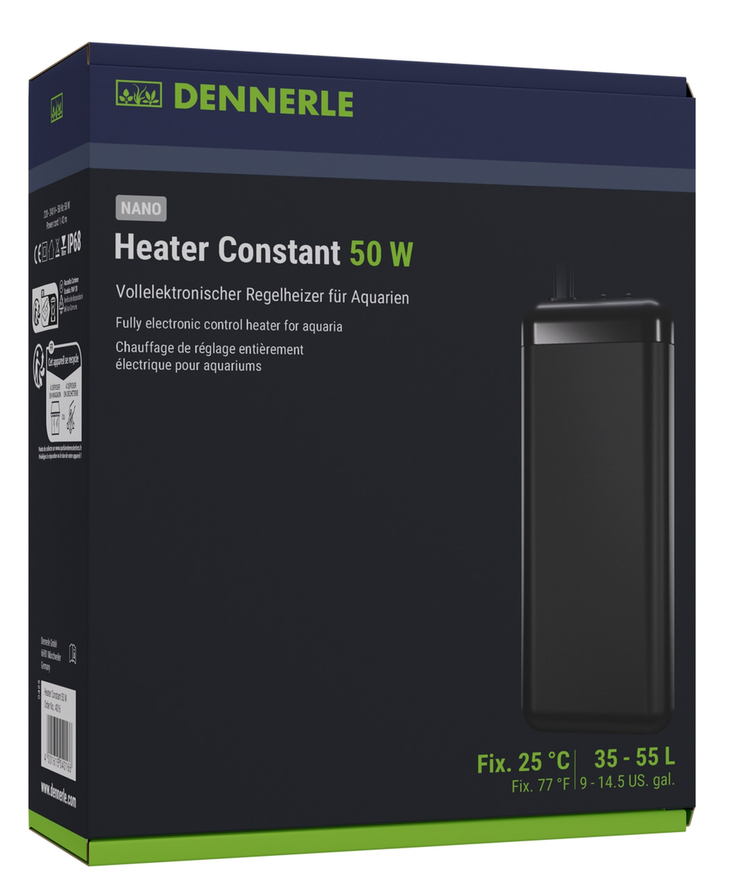 DENNERLE Nano Heater Constant 50 W, Regelheizer f. Aquarien (35-55 L), konstante 25 °C, dunkelblaue Verpackung m. grünen Akzenten.