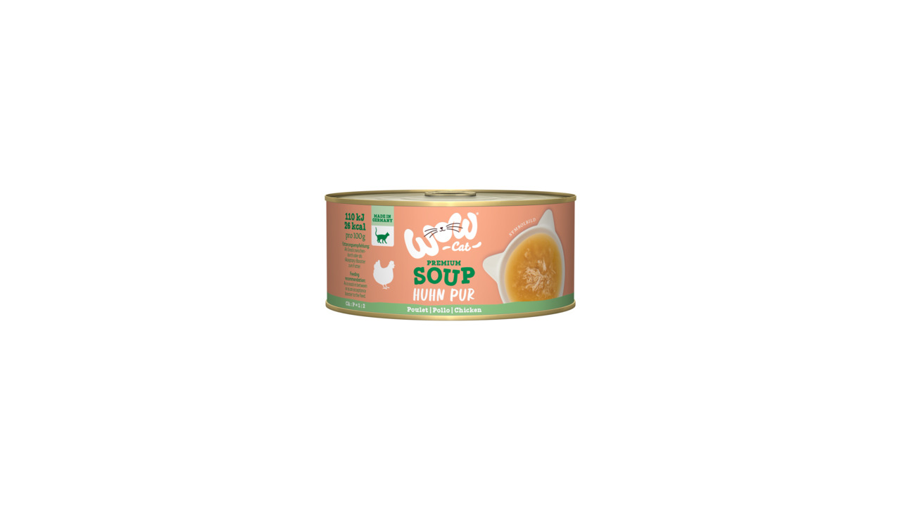 WOW CAT Premium Soup Huhn Pur für Katzen, Geschmack Huhn, 110 kJ/26 kcal pro 100 g, rosa-grüne Verpackung mit Sichtfenster.