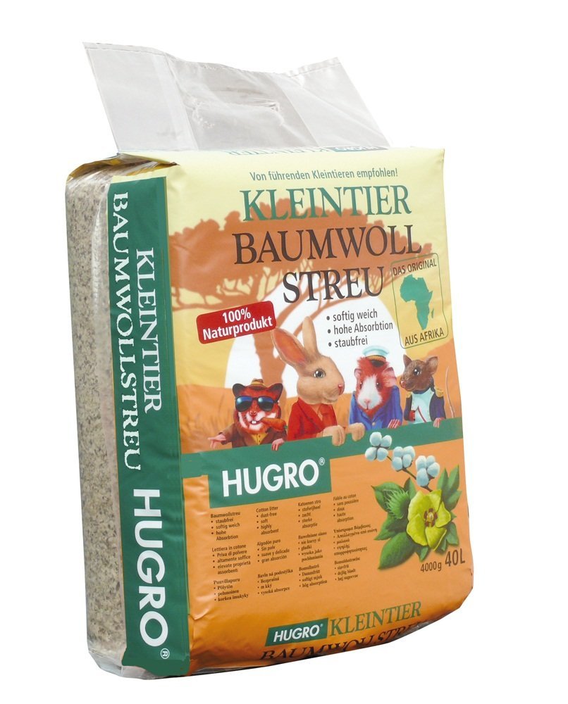 Das Bild zeigt eine Verpackung des Produkts „HUGRO Kleintier Baumwollstreu“. Es handelt sich um ein Naturprodukt für Kleintiere wie Kaninchen, Meerschweinchen und Hamster. Die Streu ist weich, staubfrei und hochabsorbierend. Die Verpackung enthält 40 Lite