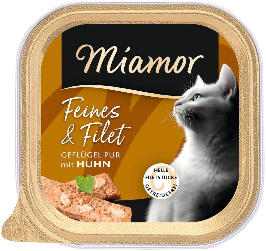 Miamor Feines & Filet Geflügel pur mit Huhn für Katzen, getreidefrei, helle Filetstücke, Schale mit 100 g.