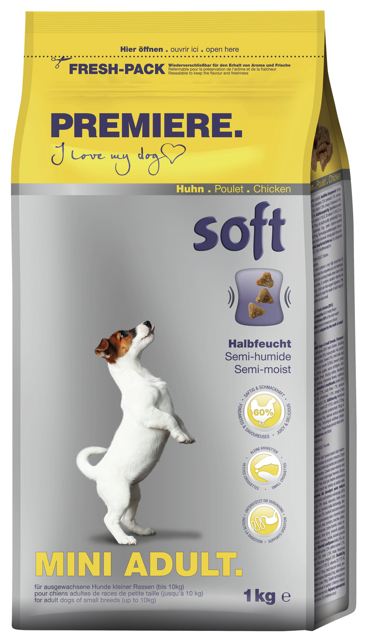PREMIERE Mini Adult Soft, Huhn, für kl. Hunde bis 10 kg, halbfeucht, 60 % tier. Zutaten, verdauungsfördernd, 1 kg.