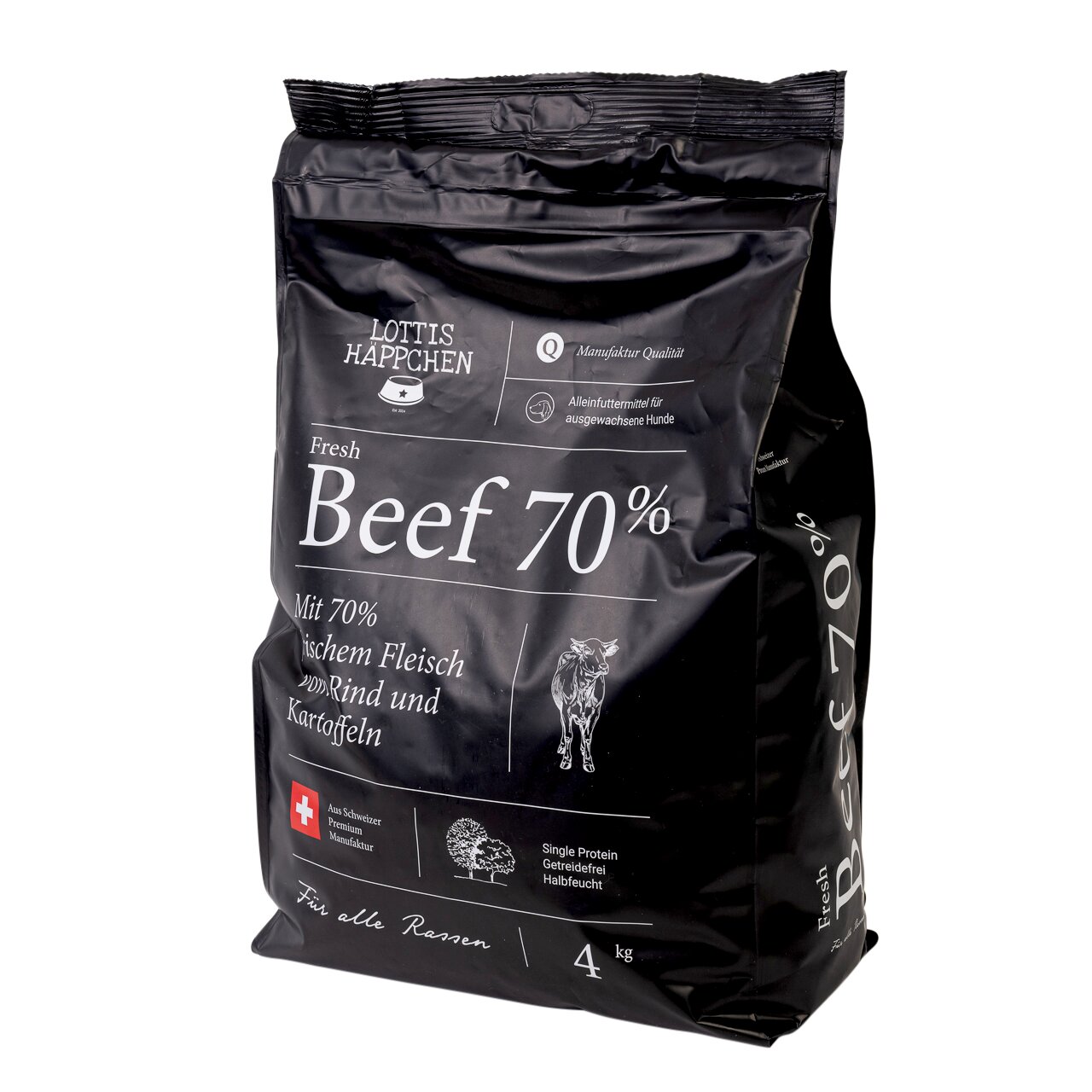 Lottis Häppchen Fresh Beef 70%: Alleinfutter f. erw. Hunde, 70% Rind, getreidefrei, halbfeucht, Single-Protein, 4 kg, Premium-Siegel.