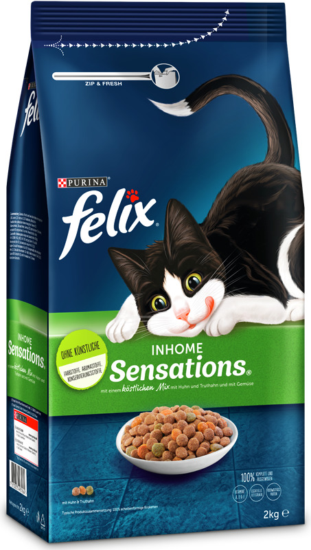 Purina Felix Inhome Sensations: Für Hauskatzen, Huhn, Truthahn & Gemüse, 2 kg, ohne künstl. Farb-, Aroma- & Konservierungsstoffe.