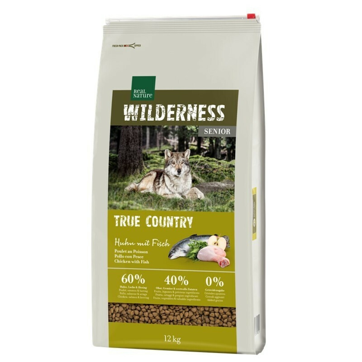 REAL NATURE WILDERNESS Senior True Country, für ältere Hunde, Huhn & Fisch, 60 % Huhn/Lachs/Hering, 12 kg, 0 % Getreide.