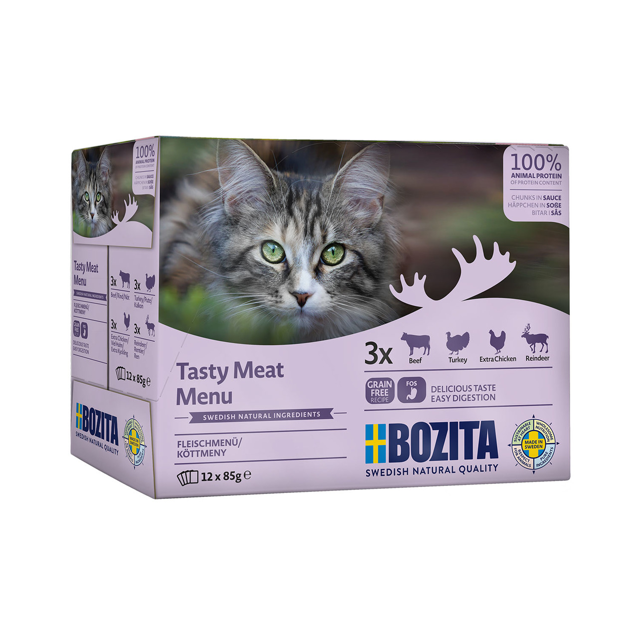 Bozita Tasty Meat Menu, Katzenfutter f. erw. Katzen, Rind/Truthahn/Huhn/Rentier, getreidefrei, 12x85g, 100% tierisches Protein.
