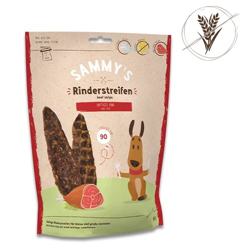 Das Bild zeigt eine Verpackung von "Sammy's Rinderstreifen" der Marke bosch Tiernahrung. Die Zielgruppe sind Hunde, und die Geschmacksrichtung ist saftiges Rind. Die Verpackung enthält 90 g. Die Vorderseite zeigt einen Hund, Rinderstreifen und ein Symbol 