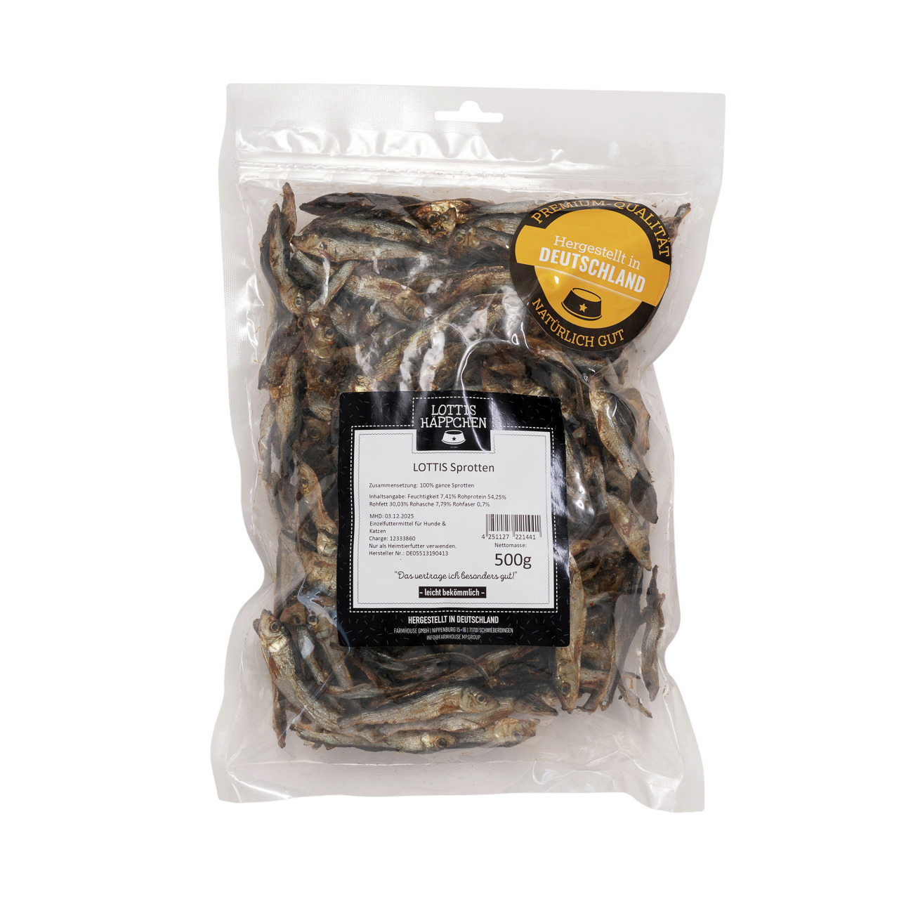 LOTTIS HÄPPCHEN, 500 g getr. Sprotten, für Hunde, 100 % nat. Zutaten, Premium-Tierfutter, hochwertige Proteinquelle, Made in Germany.