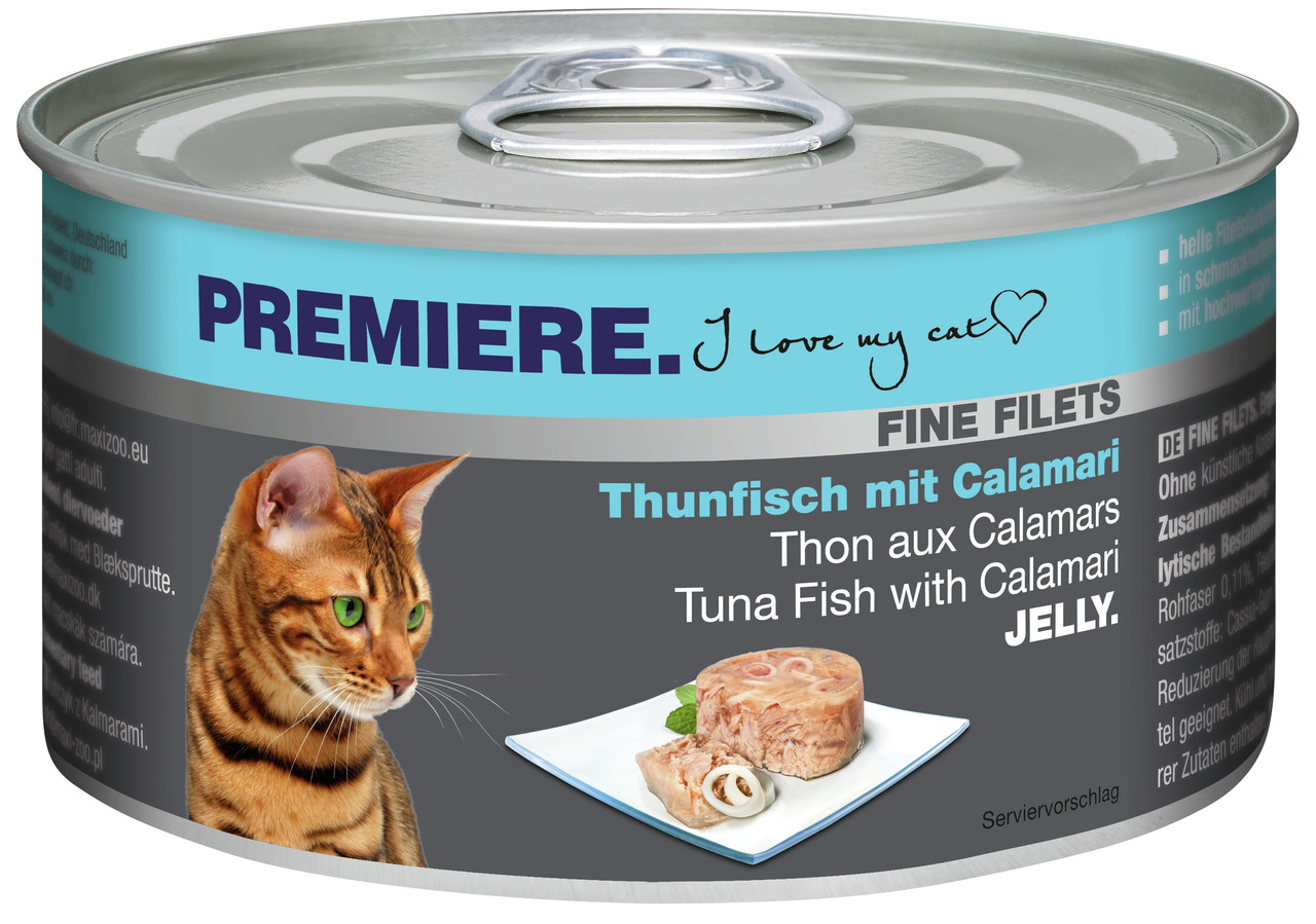 Eine silberne Dose Katzenfutter der Marke PREMIERE mit der Aufschrift „I love my cat“ und dem Produktnamen „Fine Filets Thunfisch mit Calamari“. Zielgruppe sind ausgewachsene Katzen. Geschmacksrichtung: Thunfisch und Calamari in Gelee. Abgebildet ist eine