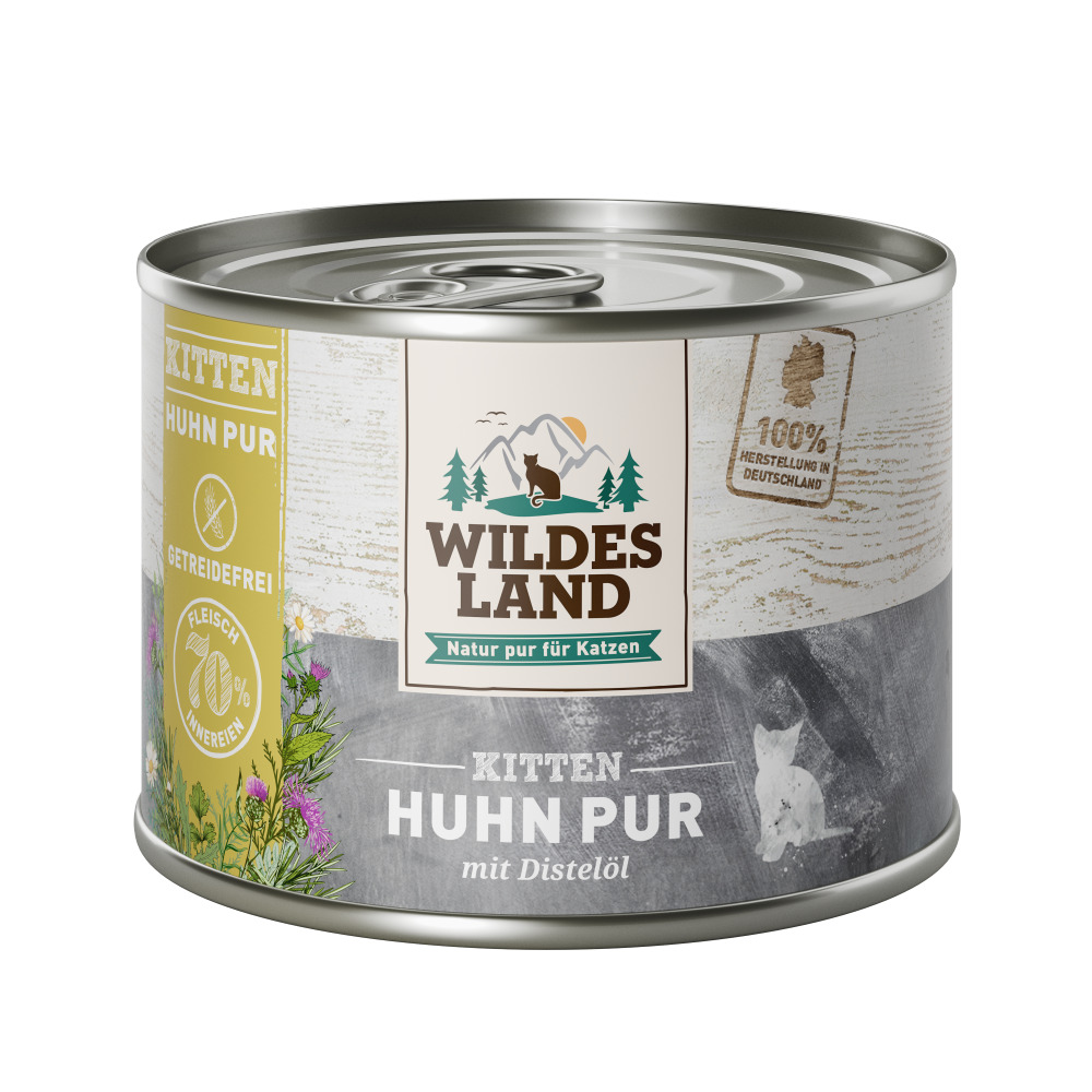 Wildes Land Kitten Huhn Pur mit Distelöl, Nassfutter f. Katzenjunge, getreidefrei, 70 % Fleisch, natürliche Zutaten, 200 g.