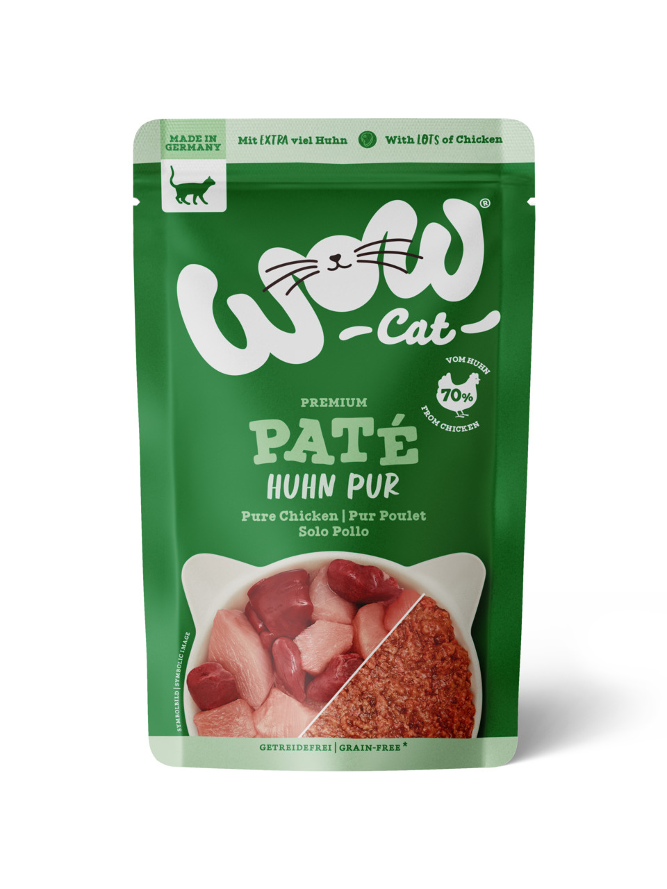 Das Bild zeigt eine grüne Verpackung des Katzenfutters „WOW CAT Premium Paté Huhn Pur“. Es handelt sich um ein getreidefreies Nassfutter für Katzen mit 70 % Huhn. Die Zielgruppe sind Katzenbesitzer, die hochwertiges Futter suchen. Die Verpackung enthält d