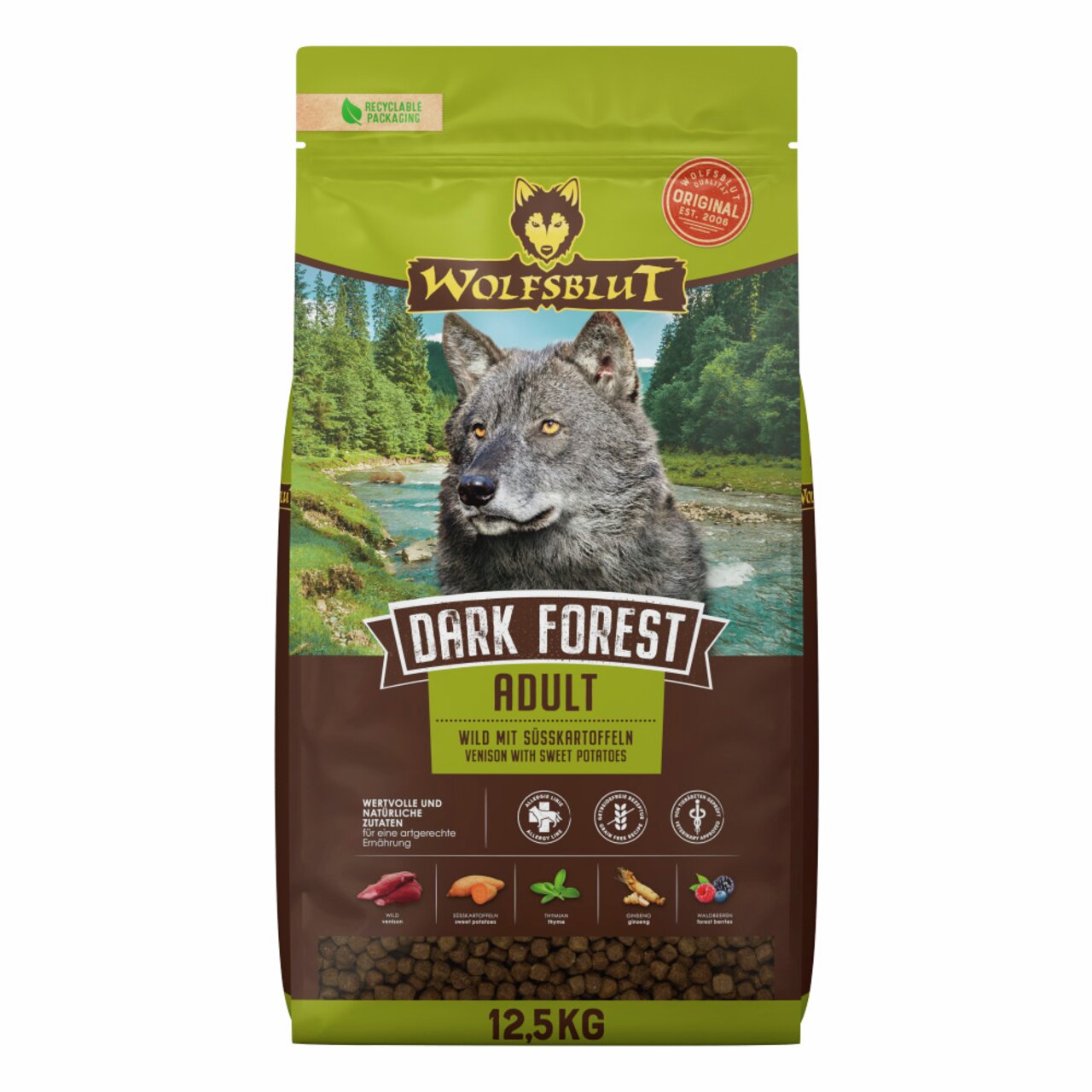 Wolfsblut Dark Forest Adult Hundefutter, 12,5 kg, für ausgewachsene Hunde, Wildfleisch & Süßkartoffeln, getreidefrei, für Allergiker.