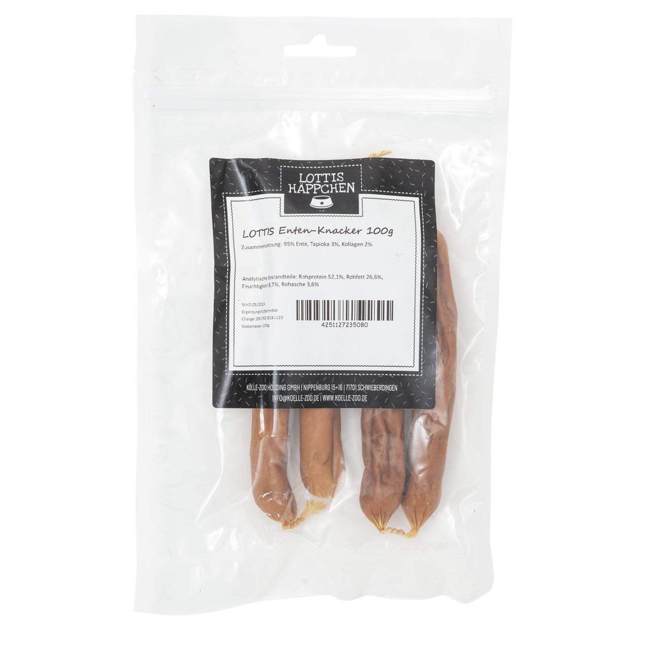 Das Bild zeigt eine transparente Verpackung mit der Aufschrift „LOTTIS HÄPPCHEN Enten-Knacker 100g“. Es handelt sich um einen Hundesnack der Marke LOTTIS HÄPPCHEN, speziell für Hunde. Die Geschmacksrichtung ist Ente, mit 95 % Entenanteil. Die Packung enth