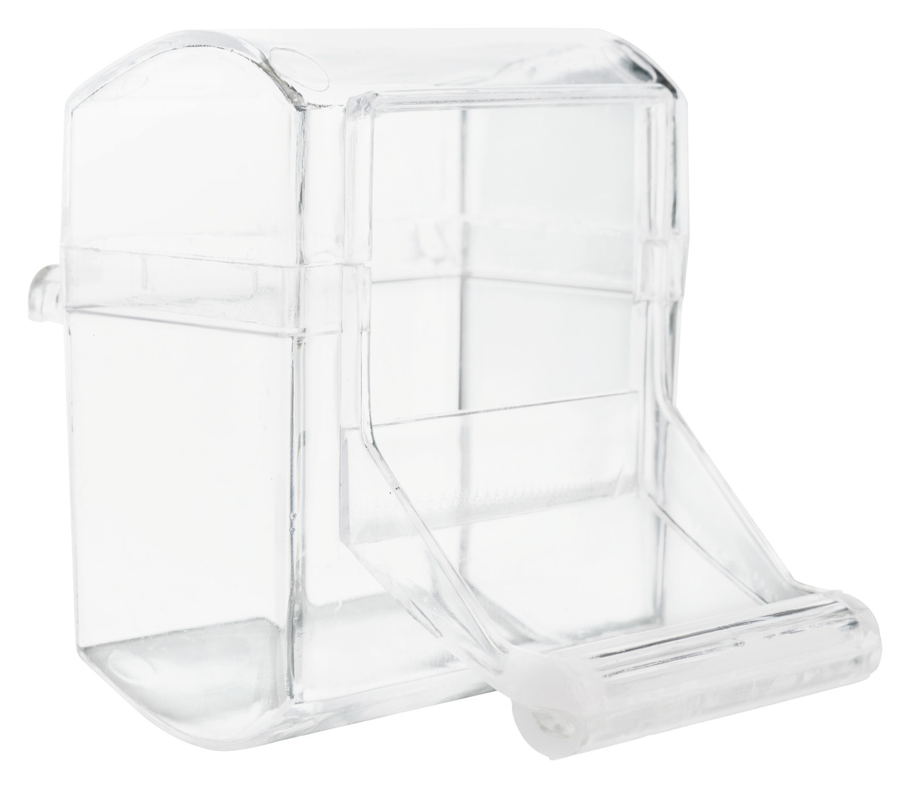 Das Bild zeigt den TRIXIE Futterautomat für Aquarienfische, geeignet für Aquarienbesitzer. Der transparente Kunststoffbehälter ermöglicht eine einfache Überwachung des Futterstands. Das Produkt ist ideal für die automatische Fütterung von Fischen und sorg
