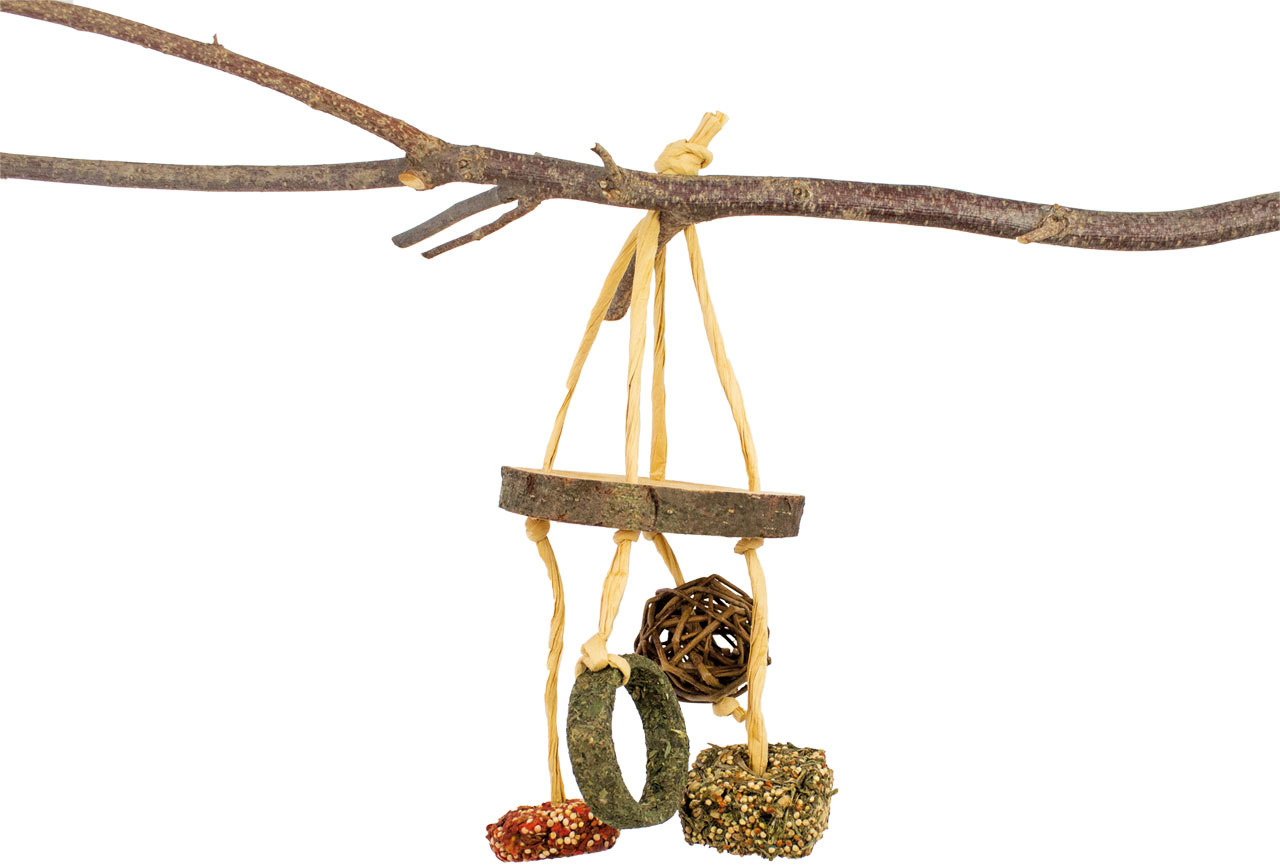 Das Bild zeigt das JR FARM Nager-Spielzeug „Knabber-Mobile“, ein hängendes Spielzeug für Kleintiere wie Kaninchen und Meerschweinchen. Es besteht aus natürlichen Materialien wie Holz, Weide und gepressten Kräutern. Das Mobile enthält essbare Elemente, die