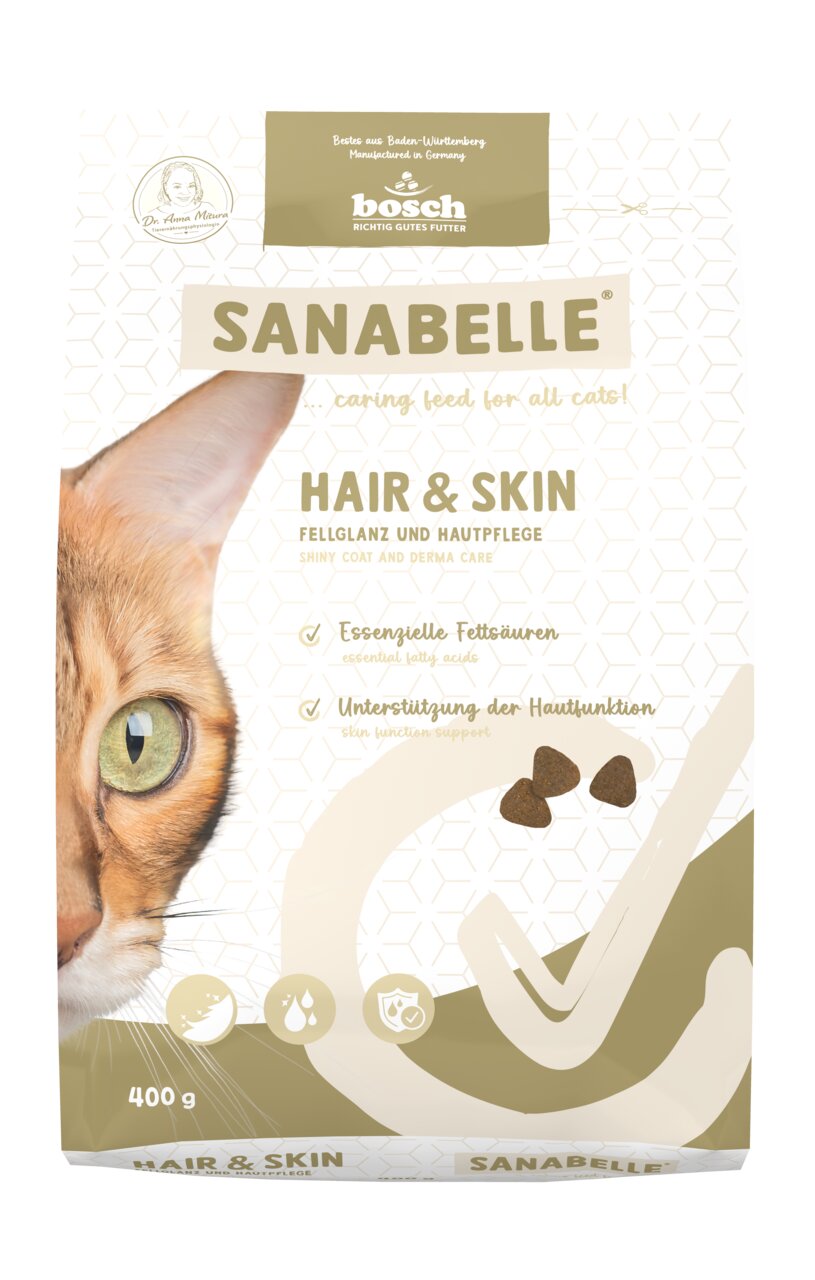 Sanabelle Hair & Skin, Bosch, 400 g, für Katzen, unterstützt Fellglanz & Hautpflege, mit essenziellen Fettsäuren.