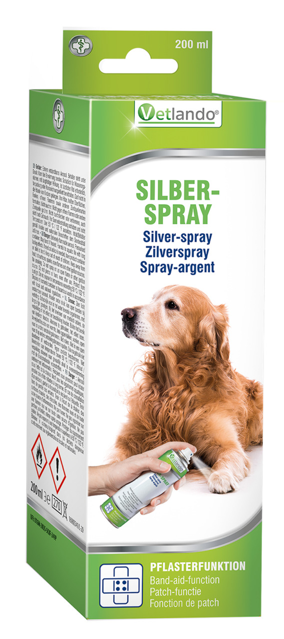 Vetlando Silber-Spray, 200 ml, Pflegespray f. Hunde, Wundpflege m. Pflasterfunktion, grün-weiße Verpackung, sicher anzuwenden.