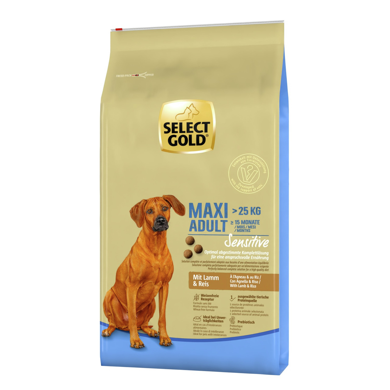 Das Bild zeigt eine goldfarbene Verpackung des Hundefutters „Select Gold Maxi Adult Sensitive“ mit Lamm und Reis. Es ist speziell für ausgewachsene Hunde ab 15 Monaten und über 25 kg geeignet. Die Verpackung enthält 12 kg und hebt weizenfreie Rezeptur, ho
