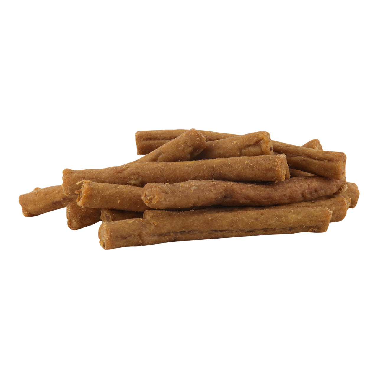 Ein Stapel von braunen, länglichen Hundesnacks der Marke Lucky Lou, erkennbar als "Lucky Lou Hundesnacks". Zielgruppe sind Hunde. Die Snacks haben eine fleischige Konsistenz und sind ideal als Belohnung oder Snack zwischendurch. Verpackungsmenge nicht sic