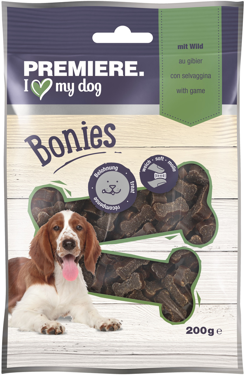 PREMIERE Bonies Hundesnack Wild, 200 g, weiche Knochen, ideal als Belohnung, „I love my dog“, schonende Rezeptur.