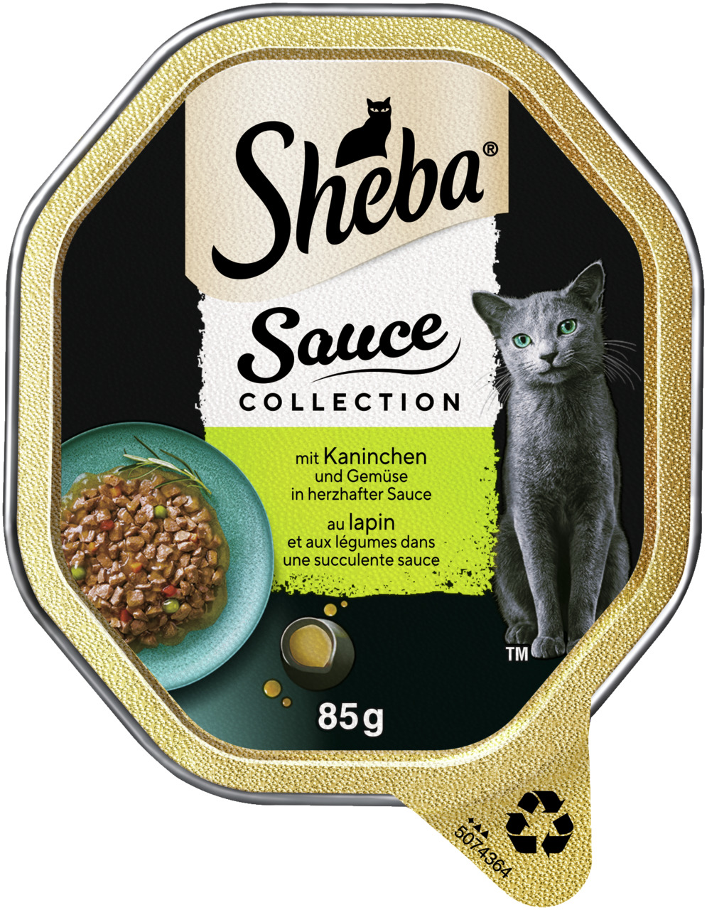 Sheba Sauce Collection Katzenfutter, Kaninchen & Gemüse in Sauce, 85 g, für Katzen, elegantes Design mit grauem Kater.