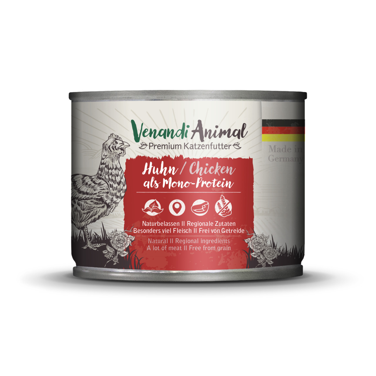 Venandi Animal Katzenfutter Huhn Mono-Protein, naturbelassen, regionale Zutaten, viel Fleisch, getreidefrei, 200 g.