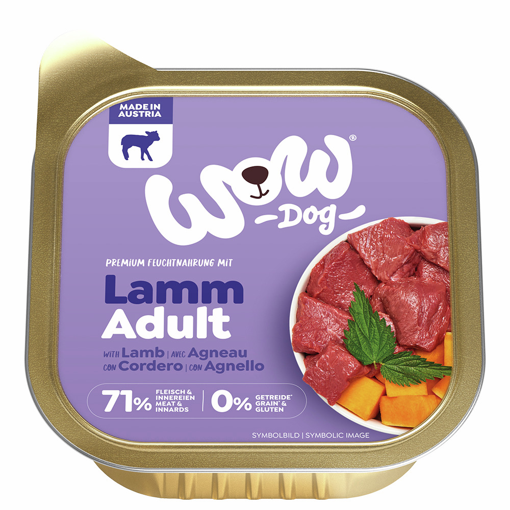 Das Bild zeigt eine Verpackung des Hundefutters „WOW DOG Lamm Adult“. Es handelt sich um Premium-Feuchtnahrung für ausgewachsene Hunde mit der Geschmacksrichtung Lamm. Die Verpackung weist darauf hin, dass das Produkt zu 71 % aus Fleisch und Innereien bes