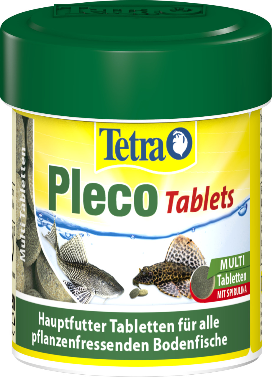 Tetra Pleco Tablets: Hauptfutter für pflanzenfressende Bodenfische, Multi-Tabletten mit Spirulina, Verpackung zeigt 2 Welse.