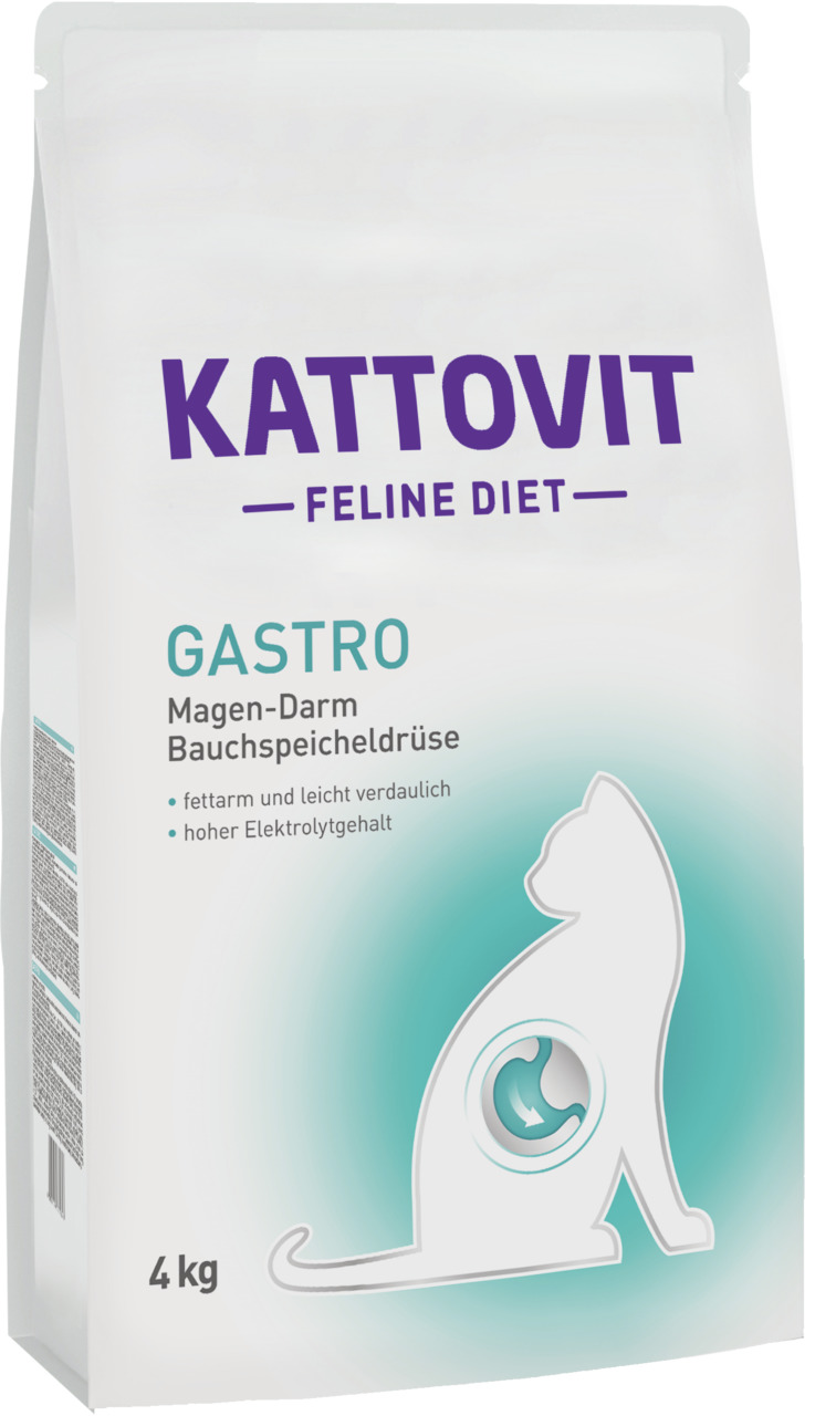 Kattovit Feline Diet Gastro, 4 kg, für Katzen mit Magen-Darm--Bauchspeicheldrüsenproblemen, fettarm, leicht verdaulich, hoher Elektrolytgehalt.