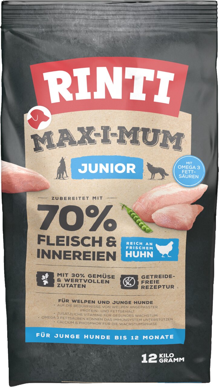 RINTI Max-i-mum Junior, Hundefutter für Welpen, Geschmack Huhn, getreidefrei, 12 kg, mit Omega-3, 70 % Fleisch & Innereien.