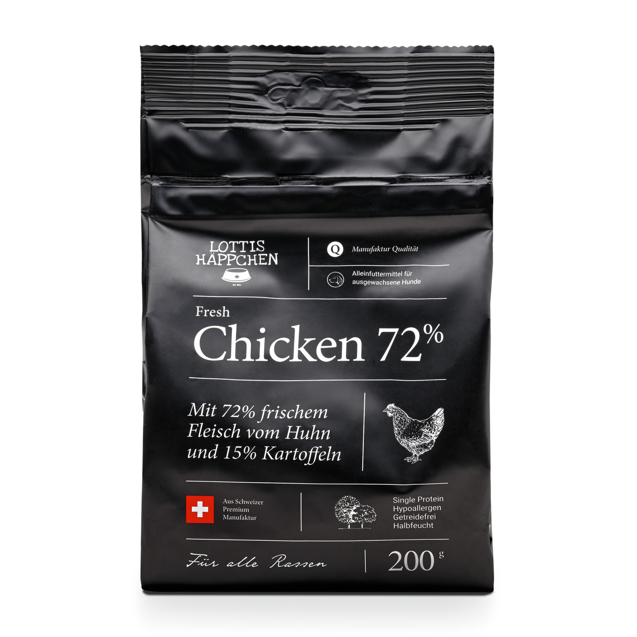 Lottis Häppchen Fresh Chicken 72%, Alleinfutter f. erw. Hunde, 72% Huhn, 15% Kartoffeln, hypoallergen, getreidefrei, 200 g.