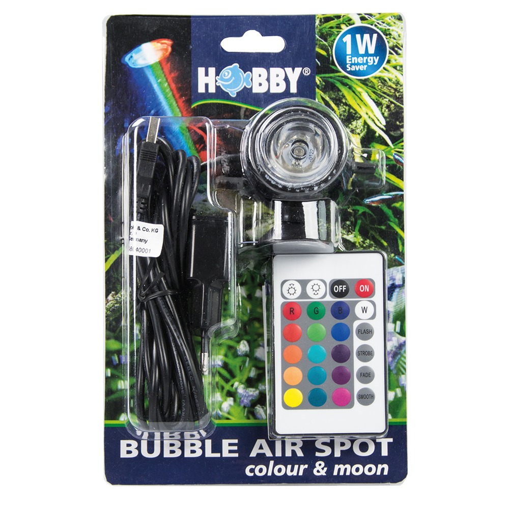 Das Bild zeigt das Produkt "Hobby Bubble Air Spot Colour & Moon", eine LED-Lampe für Aquarien. Zielgruppe sind Aquarienbesitzer. Die Lampe bietet farbige Beleuchtung mit Fernbedienung und ist energiesparend (1W). Enthalten sind die Lampe, ein Stromkabel u